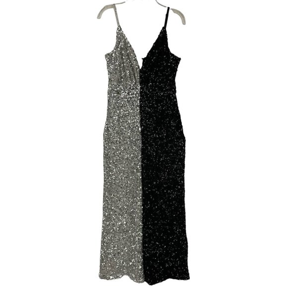 L'ATISTE Pants - L'ATISTE | Black & Silver Sequin Metallic V-Neck Jumpsuit | Women's Large